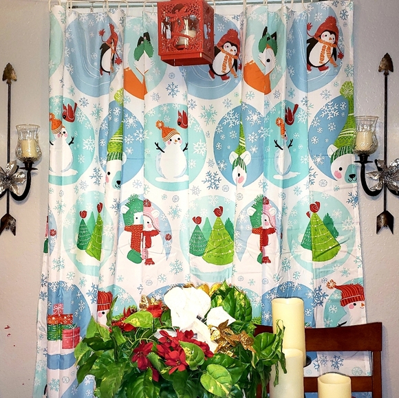 Holiday Shower Curtain Tree Snowman Polar Bear Cardinal Penguin Fox Snowflakes